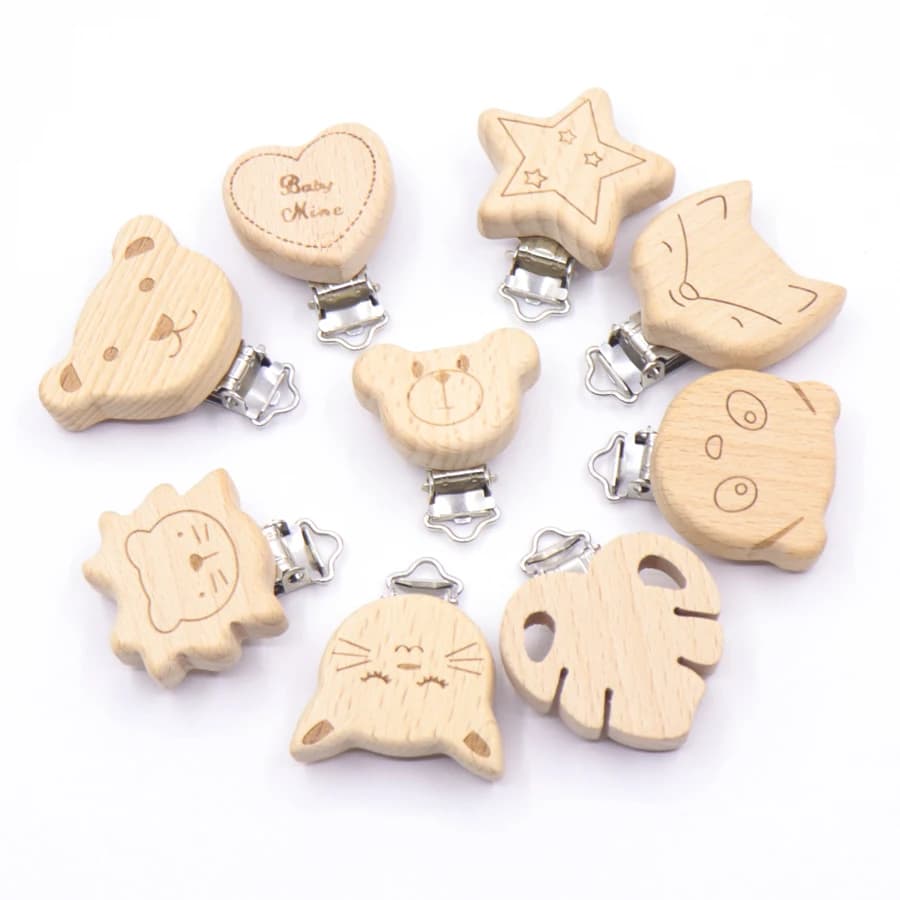 Attache-sucette en bois lapin étoile, 5 pièces, accessoires pour bébé, sucette animale en bois, support métallique, sucette éléphant, dents de bébé en bois