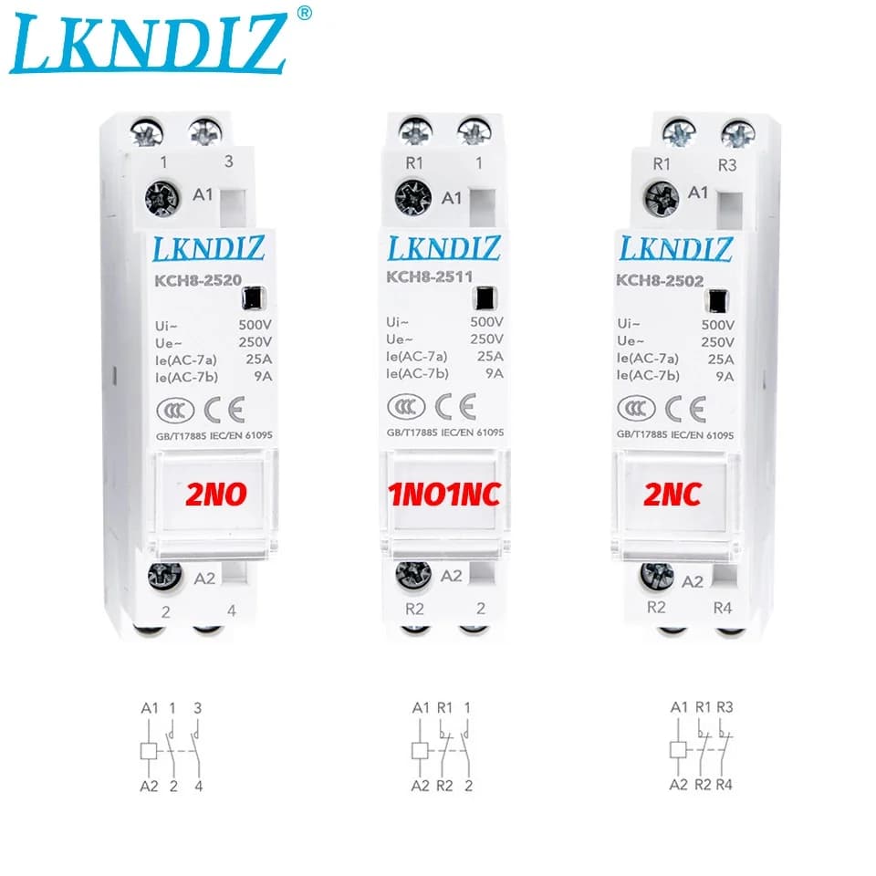 LKNDIZ-Contacteur AC modulaire monté sur rail DIN, maison intelligente, maison et hôtel, AC 220V, 2P, 16A, 20A, 25A, 2NC, 2NO, 1NO1NC, 50Hz, 60Hz