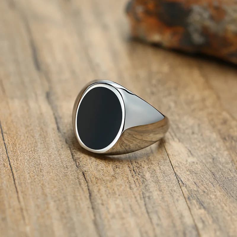 Bague chevalière ovale noire pour hommes, moderne, côtés unis, en acier inoxydable, Streetwear, Expression de la richesse, cadeau de fête des pères