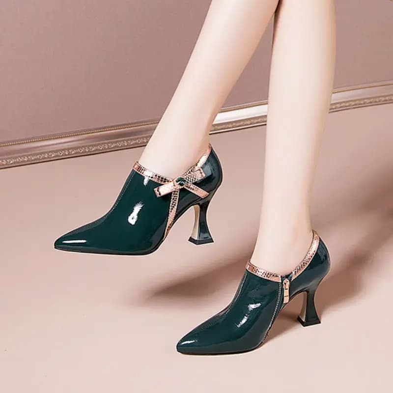 FHC-Chaussures à Talons Hauts en Cuir Verni pour Femme, Escarpins à la Mode, avec Nministériels d Papillon, Fermeture Éclair Latérale, Noir et Vert, Collection Printemps/Automne