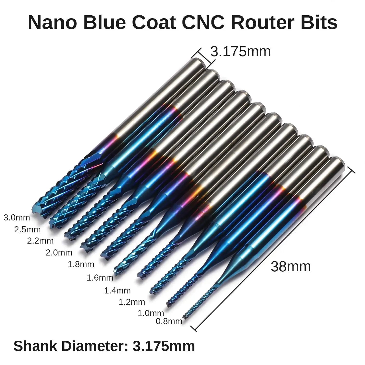 Jeu de fraises pour PCB 3.175mm, revêtement en titane, Nano PCB bleu, mèches de routeur CNC 0.8-3mm