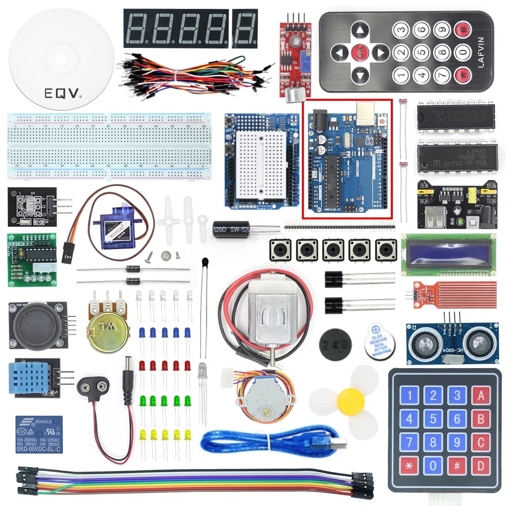 EQV Super Starter Kit pour Arduino UNO R3 - Uno R3 platine de prototypage/moteur pas à pas/Servomoteur SG90/1602 LCD/fil de raccordement/Tutorial CD