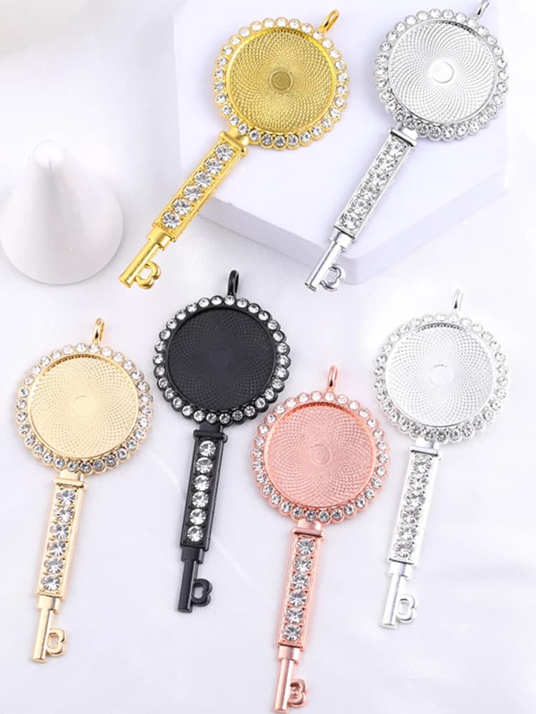 Bases de pendentif cabochon en forme de clé, lunette en biscuits CZ, 25mm, balance vierge pour les conceptions de bricolage, accessoires de bijoux exécutifs, vente en gros, 30 pièces