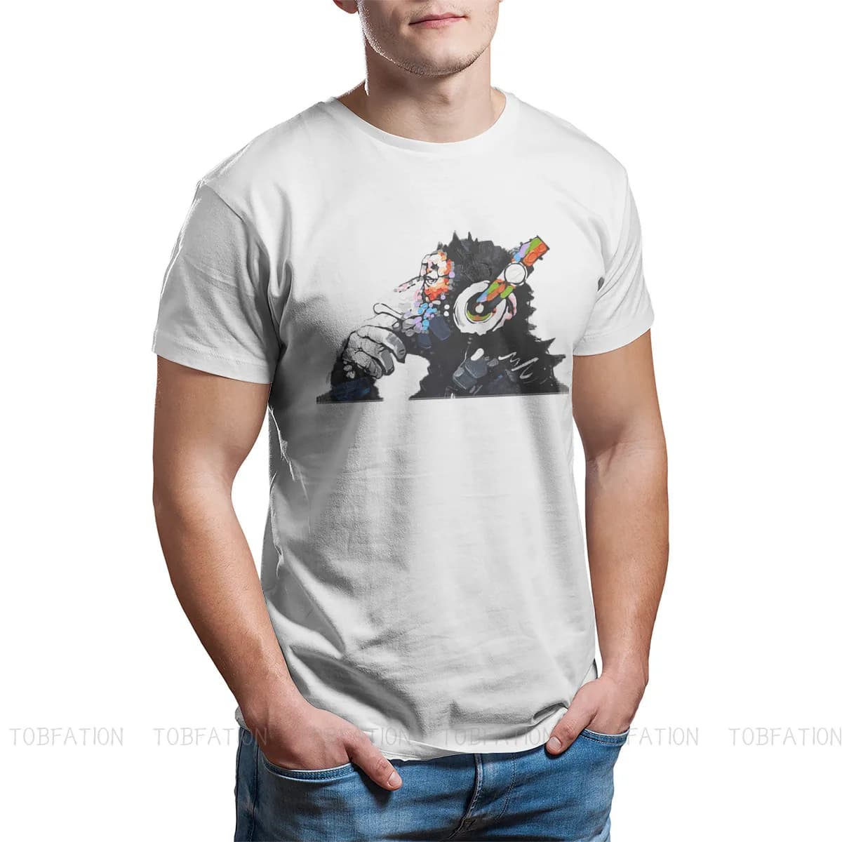 T-shirt graphique à manches courtes pour hommes, Banksy Graffiti Wall Art, DJ Monkey Thinker, Médiateur phones Tshirt, Black, Respzed