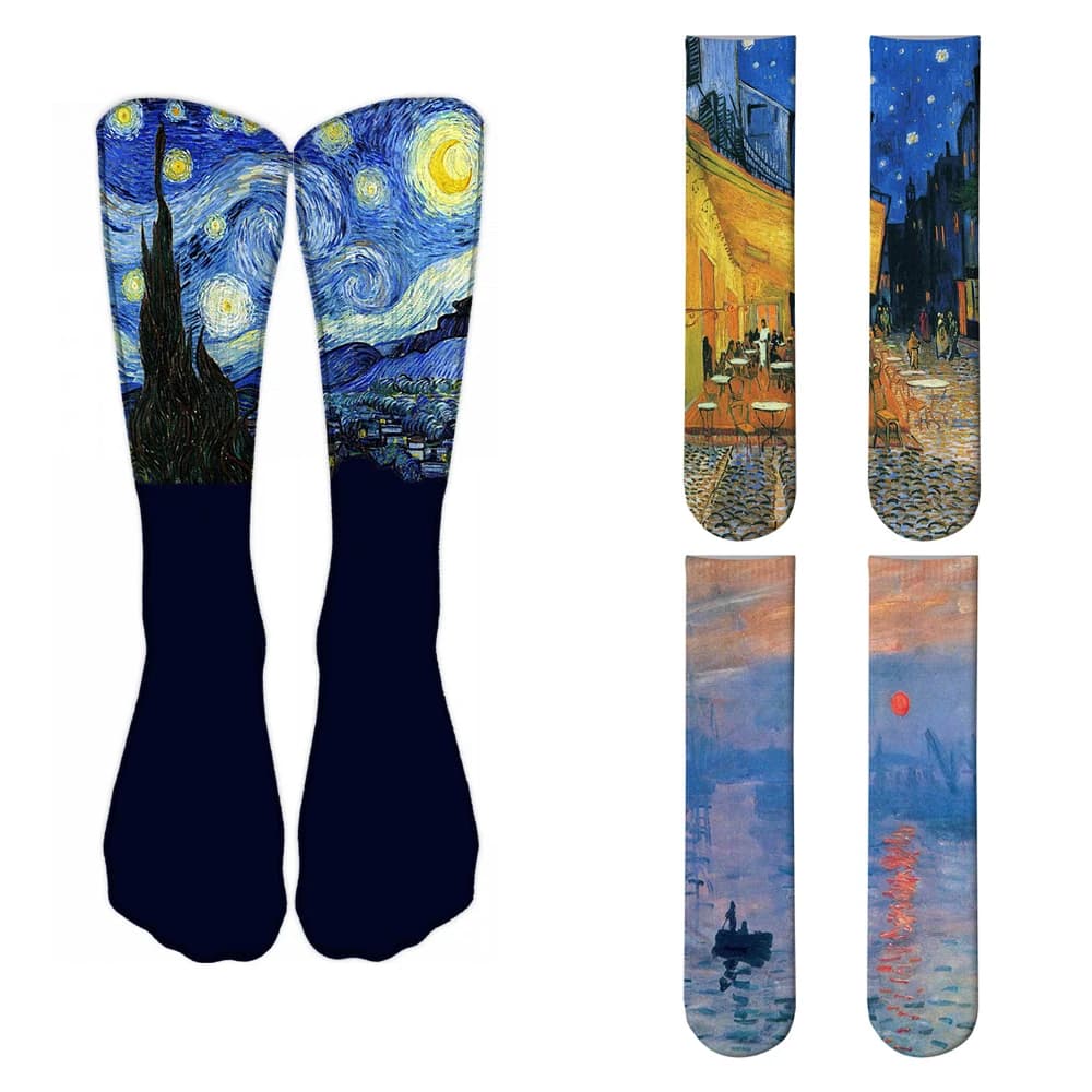 Chaussettes de peinture à l'huile de renommée mondiale unisexe, chaussettes de personnalité rétro, chaussettes confortables pour femmes, nuit étoilée, Monet, Mona Lisa Art