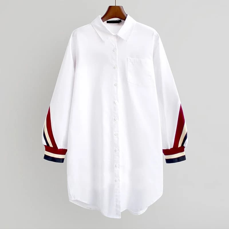 OUMENGKA 2024 blanc ample boutonné rayure bandes chemises femmes Blouses col rabattu tissé à manches longues dames hauts