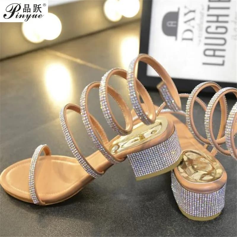 Sandales gladiateur à talon épais style été tendance pour femme, sandales plates serpent punk avec strass, chaussures de mariage pour femme