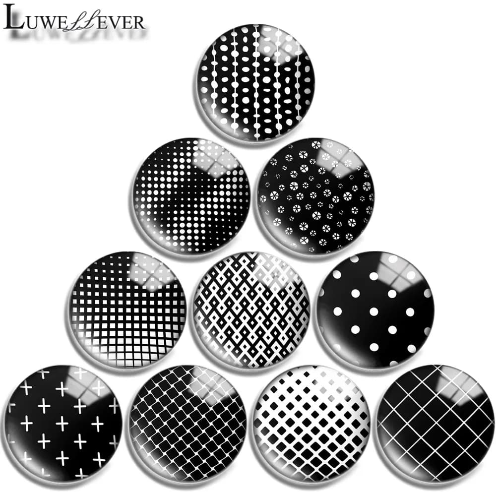 Cabochon noir en verre pour bijoux, 12mm 14mm 16mm 20mm 25mm 30mm 713, géométrique, rond, bouton-pression, bracelet à breloques