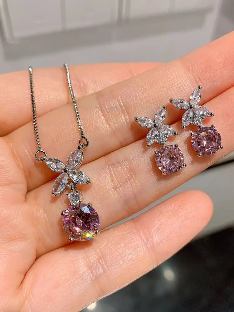 Ensemble de boucles d'oreilles et pendentif en argent Sterling 925, à haute teneur en carbone, Quartz Rose, pour femmes, bijoux fins, cadeau de mariage, romantique