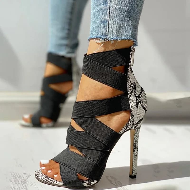 Escarpins de fête chaussures Sexy chaussures de bal serpent chaussures d'été femme pompes talons hauts et fins bout pointu strass gladiateur