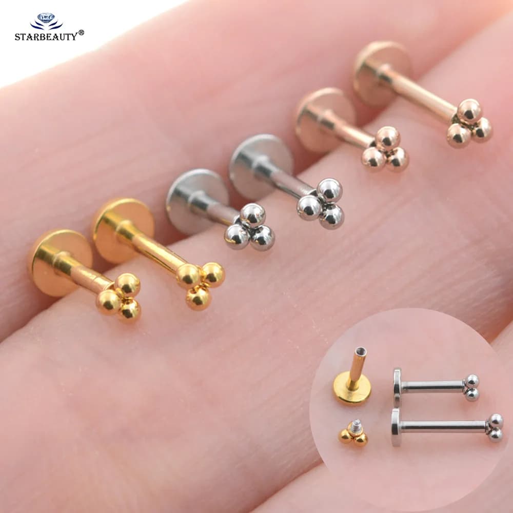 2 pièces 16G Poste de 2,7 mm à trois billes, Piercing pour femme, type Stud pour nez, labret, anneau de lèvre, hélix, tragus, cartilage, Medusa, Bijoux de piercing