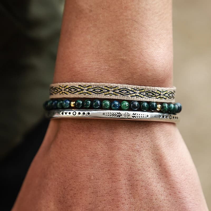 Bracelet manchette plaqué argent 925 sur la main, perles bohème lapis lazuli, corde à nœud porte-bonheur réglable faite à la main pour hommes, Bracelet à breloques