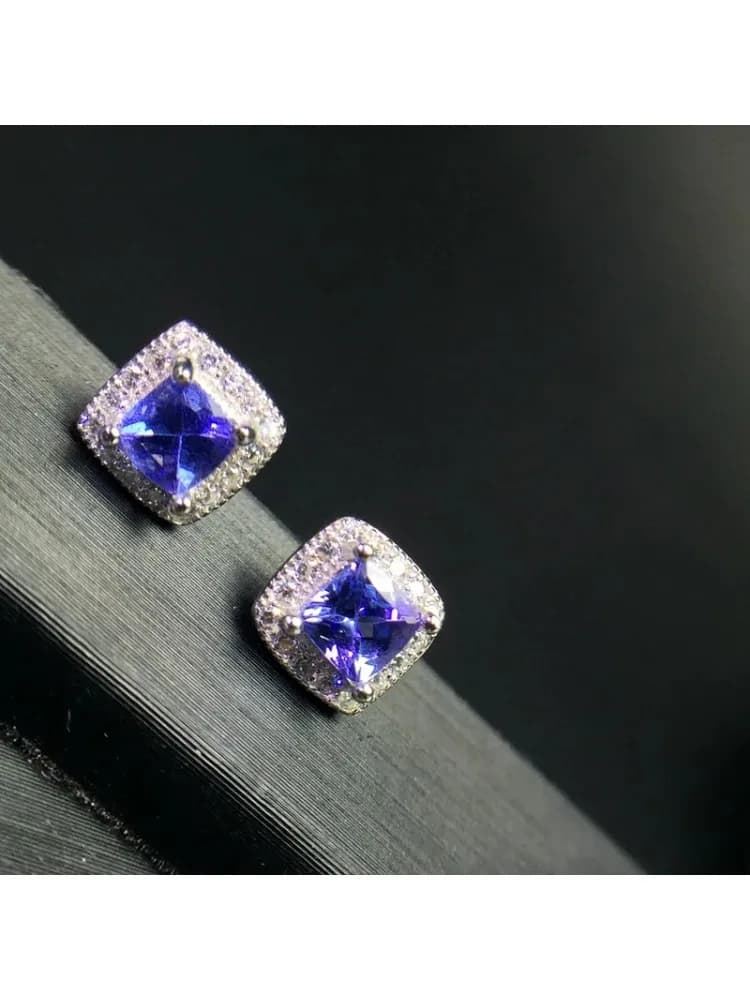 VVS-Boucles d'oreilles à tige en tanzanite pour mariage, bijoux en argent massif 100%, coupe trillion, 925 naturel, 4mm x 4mm