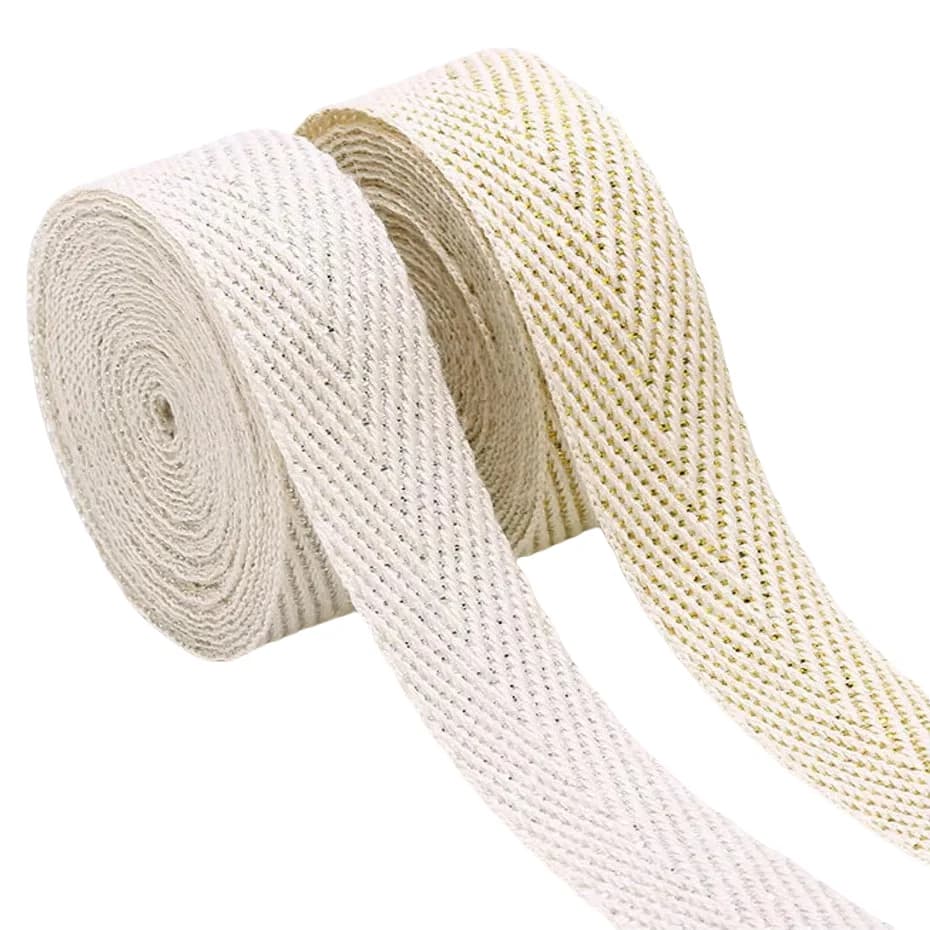 Ruban en sergé chevron 100 % coton, 50 yards/rouleau, avec fil argenté/doré, beige, pour accessoires de couture DIY, 10 mm/15 mm/20 mm/25 mm