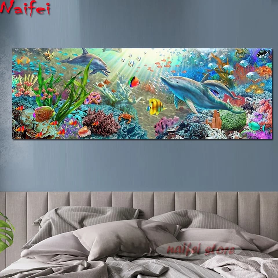 Peinture Diamant 5D de Grande Taille à Faire Soi-Même, Perles Carrées ou Rondes, Mosaïque de Mer, Poisson Doldave, Broderie en Point de Croix, Cadeau de Décoration