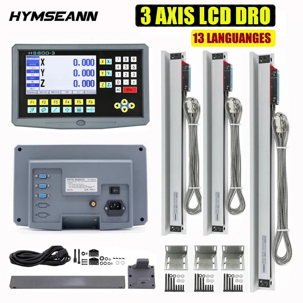 Tour de fraisage HS800-3 multilingue, lecture numérique LCD DRO à 3 axes et 3 encodeurs d'échelle linéaire de haute précision 50-1000mm 5um