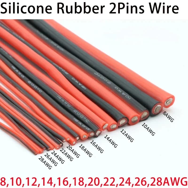 Fil électrique en cuivre et caoutchouc de Silicone souple, 1 à 10m, 2 broches, noir, rouge, AWG 8 10 12 14 16 18 20 22 24 26 28, câble de connecteur de lampe