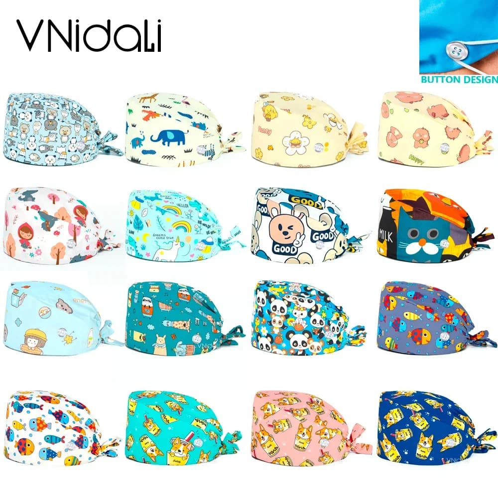 Chapeau de gommage avec impression à bouton, casquette de service de santé, chapeau de chirurgie, vétérinaire, travail de laboratoire, soins infirmiers, gorro enfermera