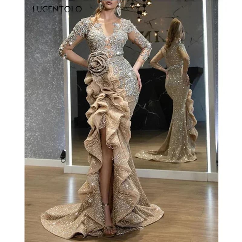 Lugentolo-Robe de soirée à paillettes pour femmes, nœud mince, manches longues, col rond, maille élégante, vêtements queClothing pour dames, banquet
