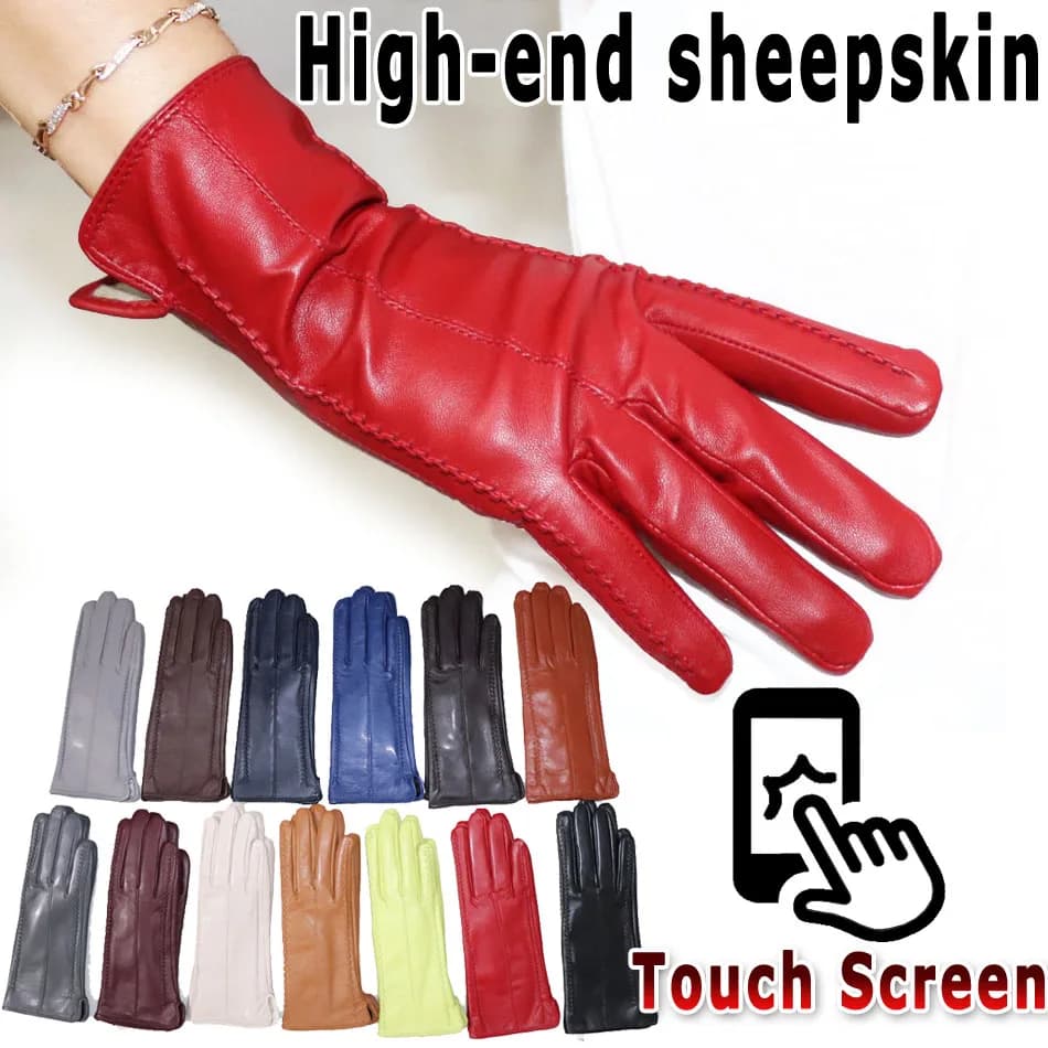 Gants en cuir de couleur pour femmes, gants en peau de mouton à écran tactile haut de gamme, gants en cuir de conducteur mince et moelleux d'hiver, gants en cuir naturel à vélo court à la mode,