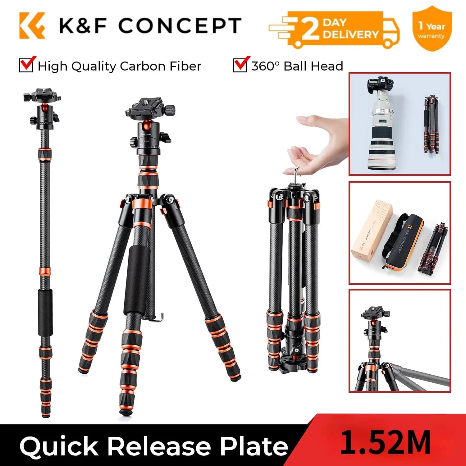 Trépied pour appareil photo en fibre de carbone K&F CONCEPT 60''/152 cm, trépied de voyage léger, 8 kg/17,6 lb avec rotation à 360° ° Rotule pour Canon, Sony, Nikon