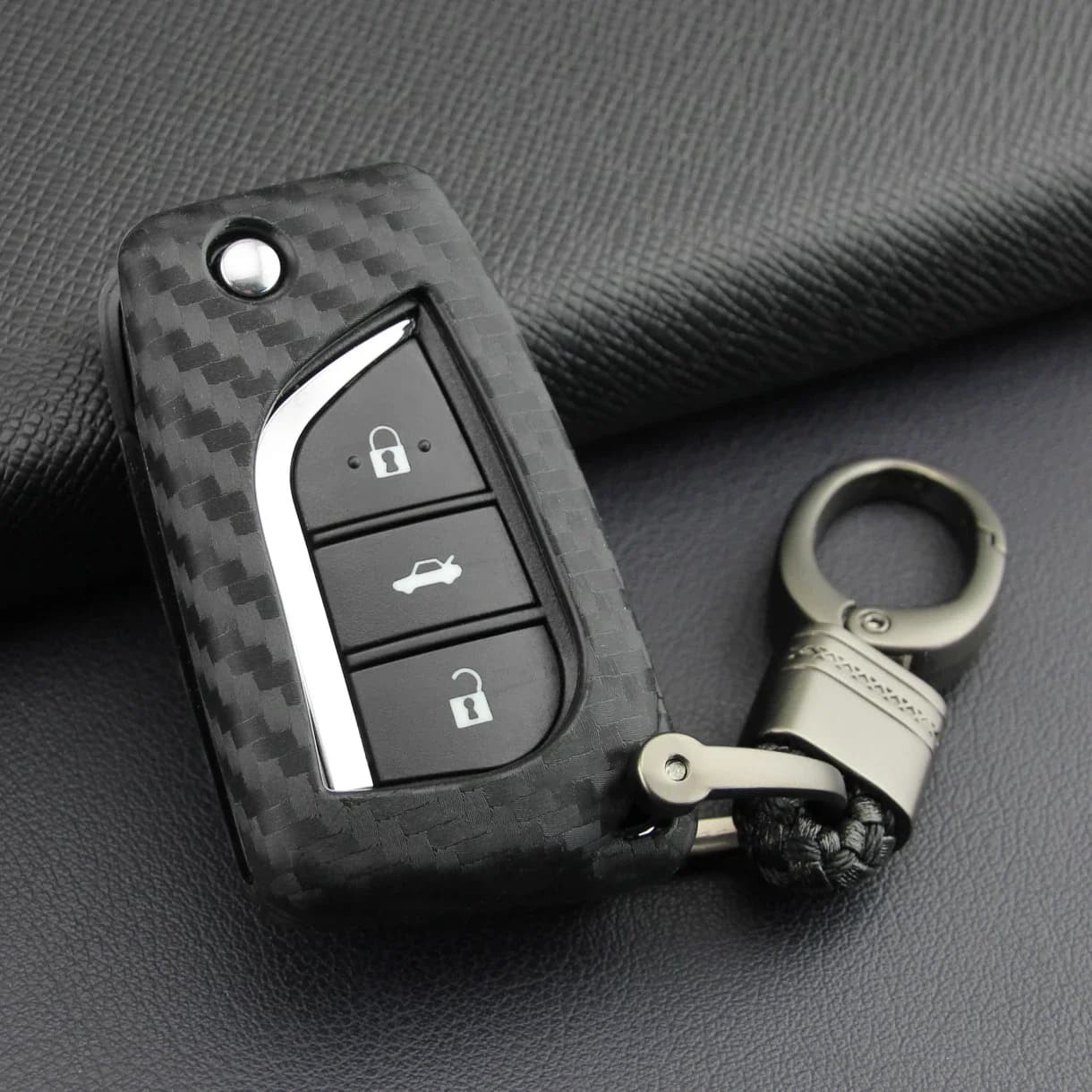 Pour Toyota Camry SE RAV4 C-HR CHR Corolla LE Hilux Aygo X – Étui de protection pour clé plip en fibre de carbone avec porte-clés 2016-2026 2025 2024