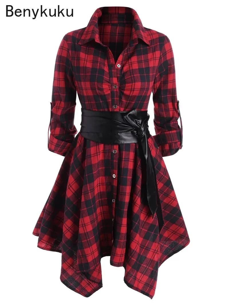 Robe de soirée trapèze à manches longues ceinturée à carreaux gothiques pour femmes, mouchoir décontracté, robe éducative, manches roulées, rouge, automne