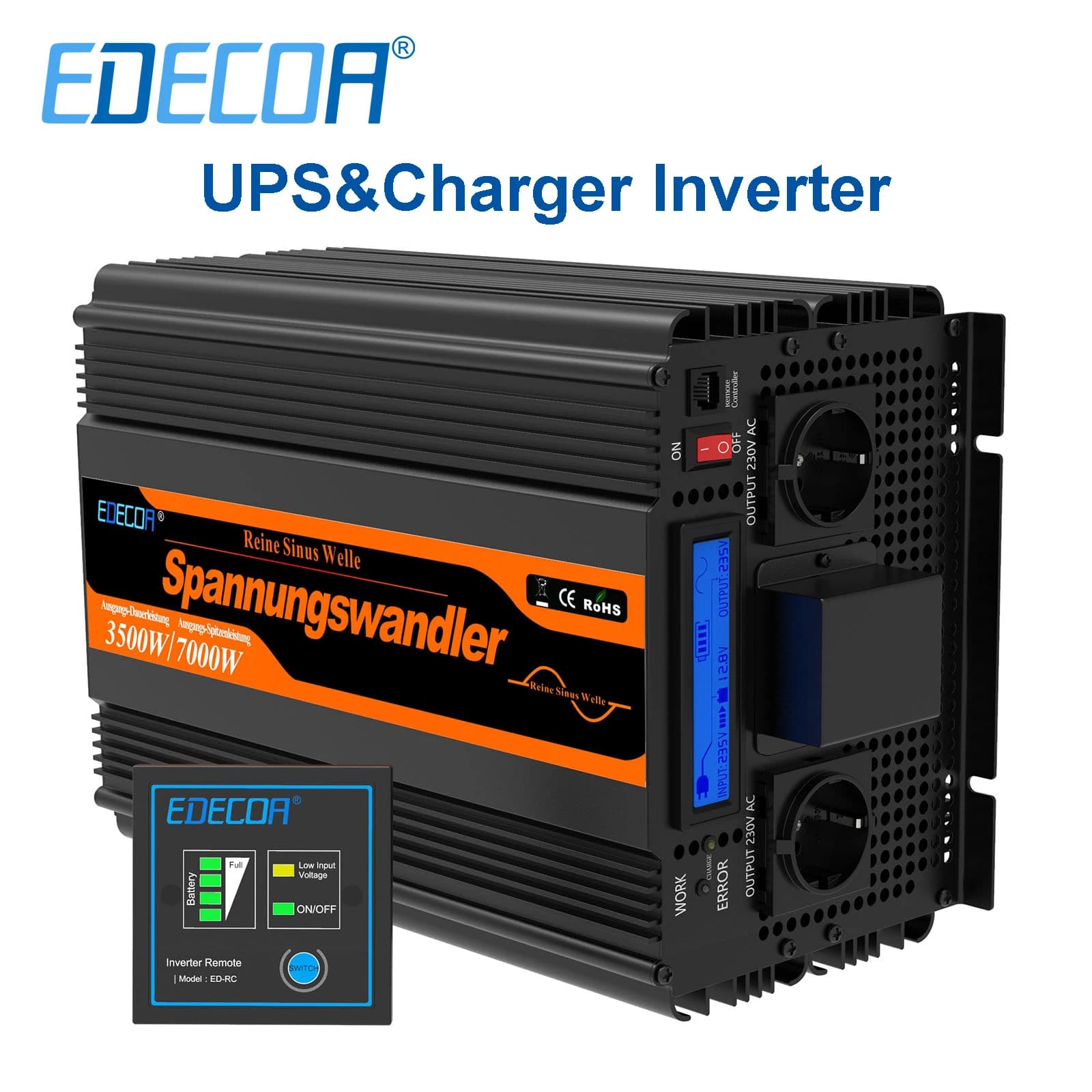 Onduleur UPS EDECOA avec chargeur de batterie 3500W DC 12V vers AC 220V 230V Onduleur de puissance à onde sinusoïdale pure 3.5KW pour maison, voiture, solaire