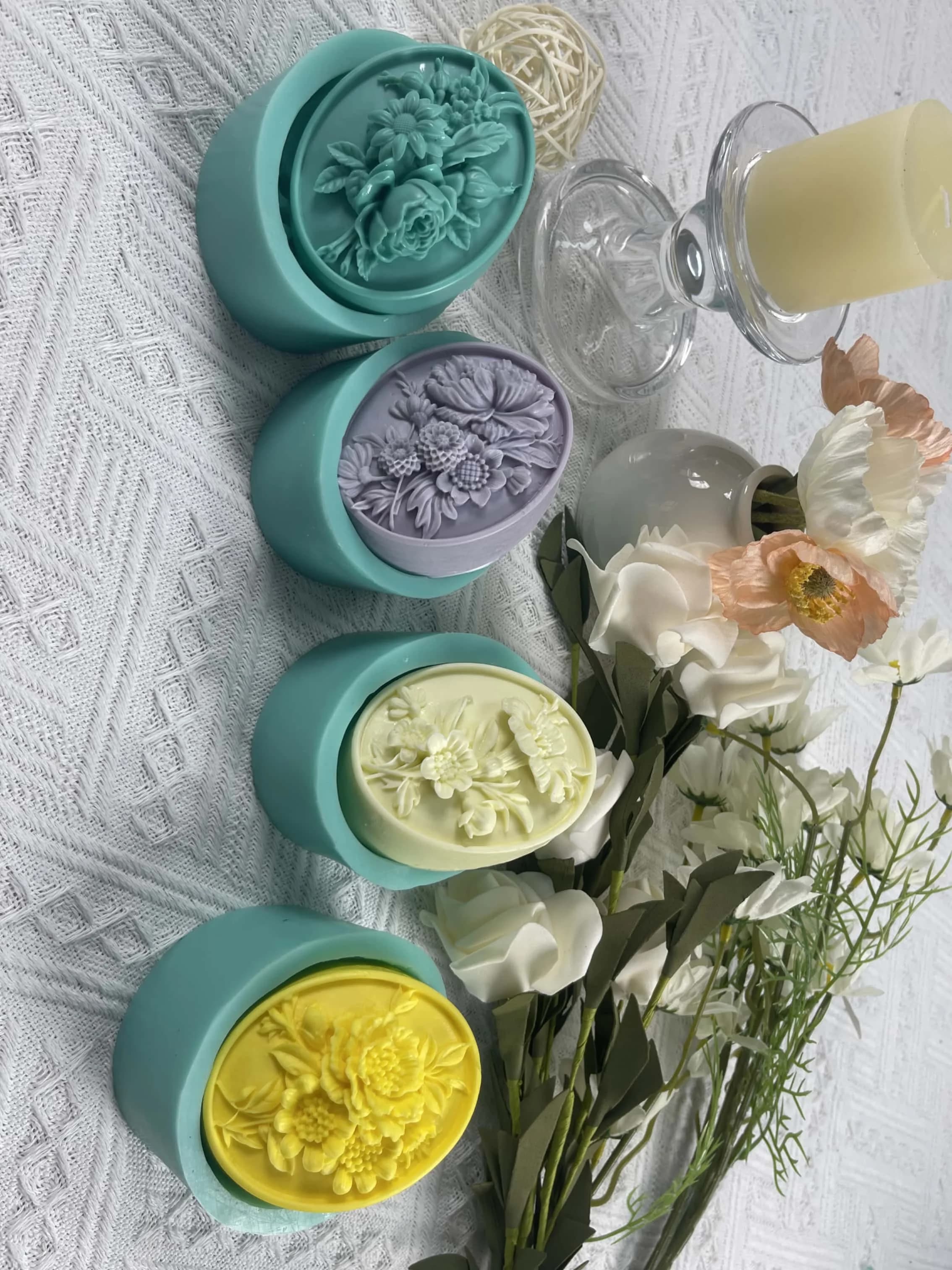 Moule à savon ovale 3D à fleurs, barre naturelle, bougie parfumée, cire, Silicone, plâtre d'aromathérapie, artisanat en résine