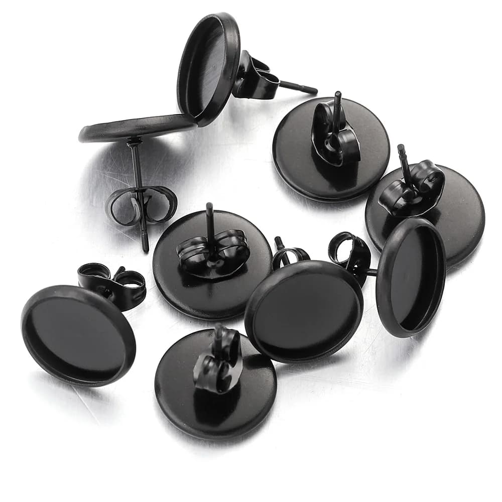 Lot de 20 boucles d'oreilles pistolet noir en acier inoxydable, réglage de Base vierge, Cabochon camée 6 8 10 12 MM pour bricolage, fournitures de fabrication de bijoux
