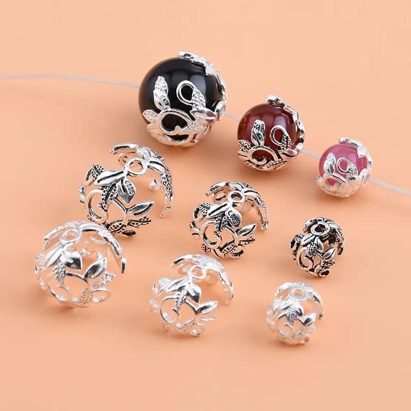 Accessoires de bracelet bricolage en argent regardé S925, sac de fleurs en argent uni, réceptacle tout compris rétro à l'ancienne, perles