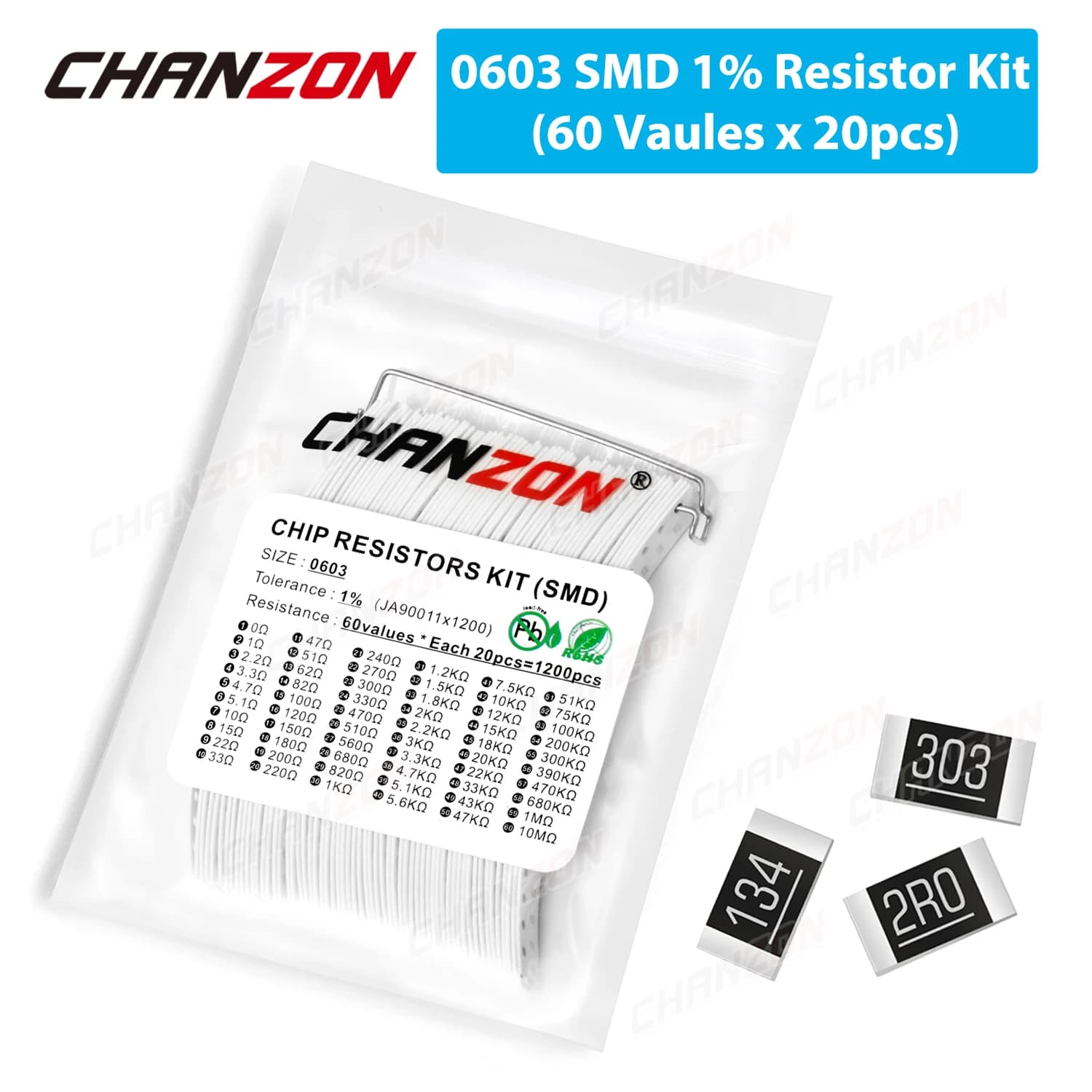 Kit de 1200 résistances SMD 0603 de haute précision (0 ohm - 10M ohm, 1/10 Watt, 1%) – 60 valeurs x 20 pièces, assortiment de résistances à puce en film