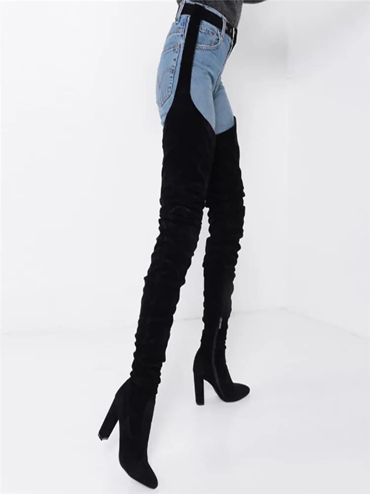 Bottes en daim avec ceinture sexy pour femmes, bottes au-dessus du genou, gros talons hauts pointus, bottes Parker avec fermeture éclair, soirée de fête