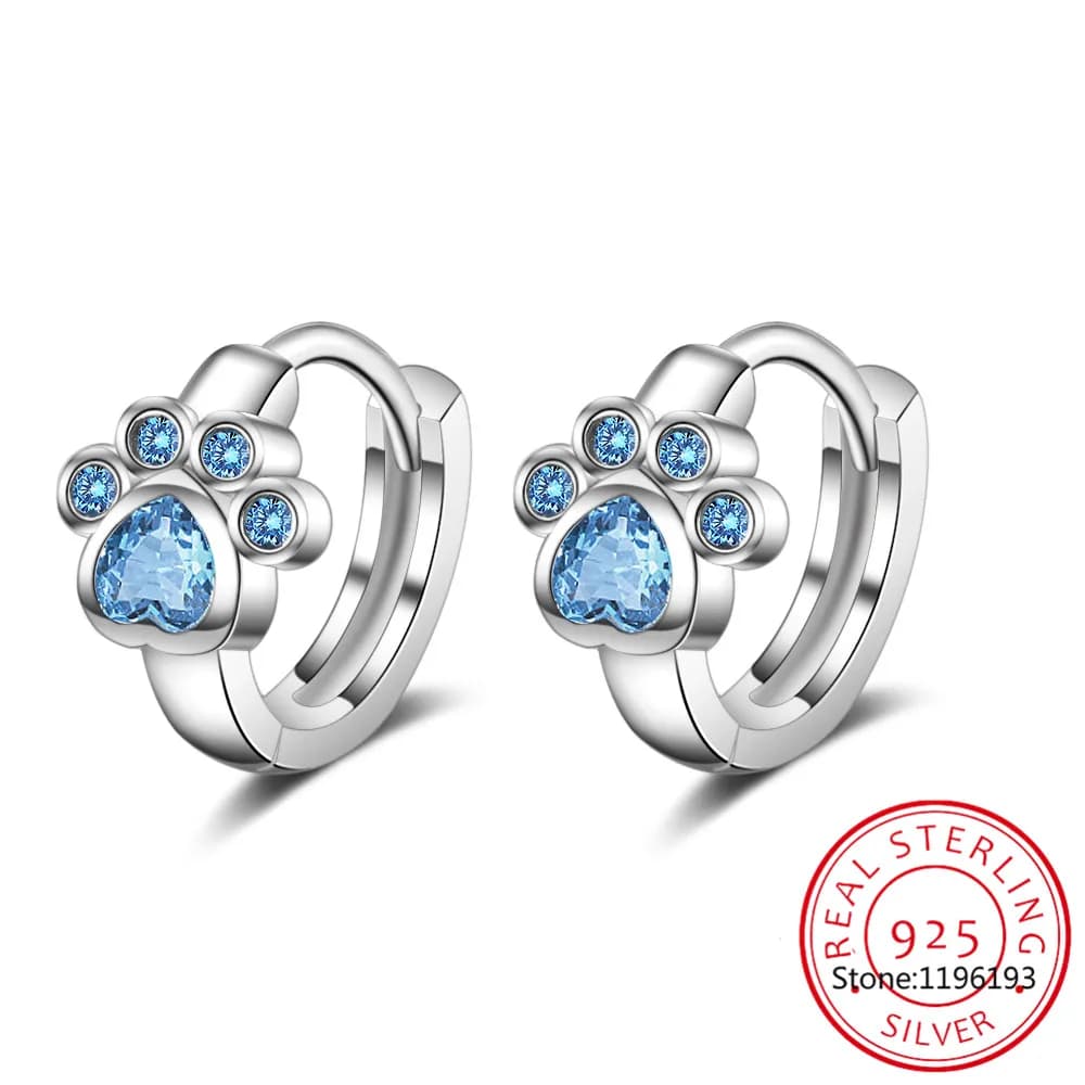 Boucles d'oreilles créoles patte de chat en argent regardé 925 pour enfants et femmes, boucle d'oreille bébé princesse, bijoux mignons, cristal bleu, animal de compagnie, fille