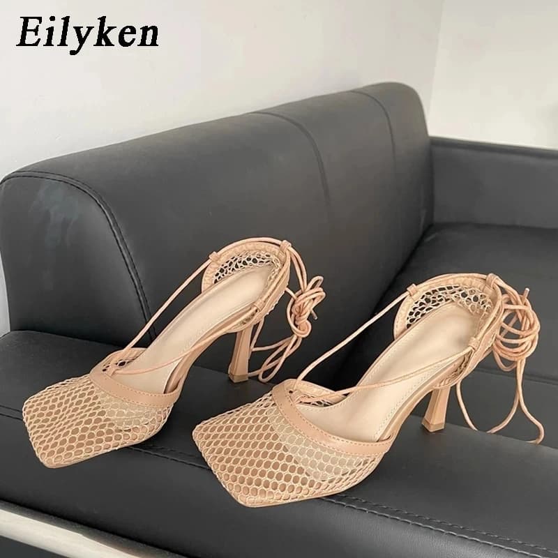 Eilyken-Escarpins sexy en maille creuse pour femmes, sandales carrées, chaussures féminines à talons hauts, lacets croisés, robe de soirée, rinçage, blanc, nouveau