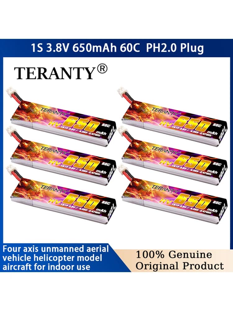 1-10PCS TERANTY 3.8V 650mAh 60C/120C 1S 4.35V HV Batterie Lipo avec connecteur PH2.0 pour Tinyhawk Snapper7 E010 M80S Tiny7 Beta85 Drone