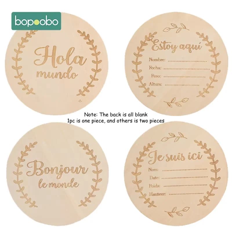 Bopoobo-Carte en bois gravée Hello World ata Lestone pour bébé, espagnol et français, accessoires de photographie pour enfants nouveau-nés, jouets