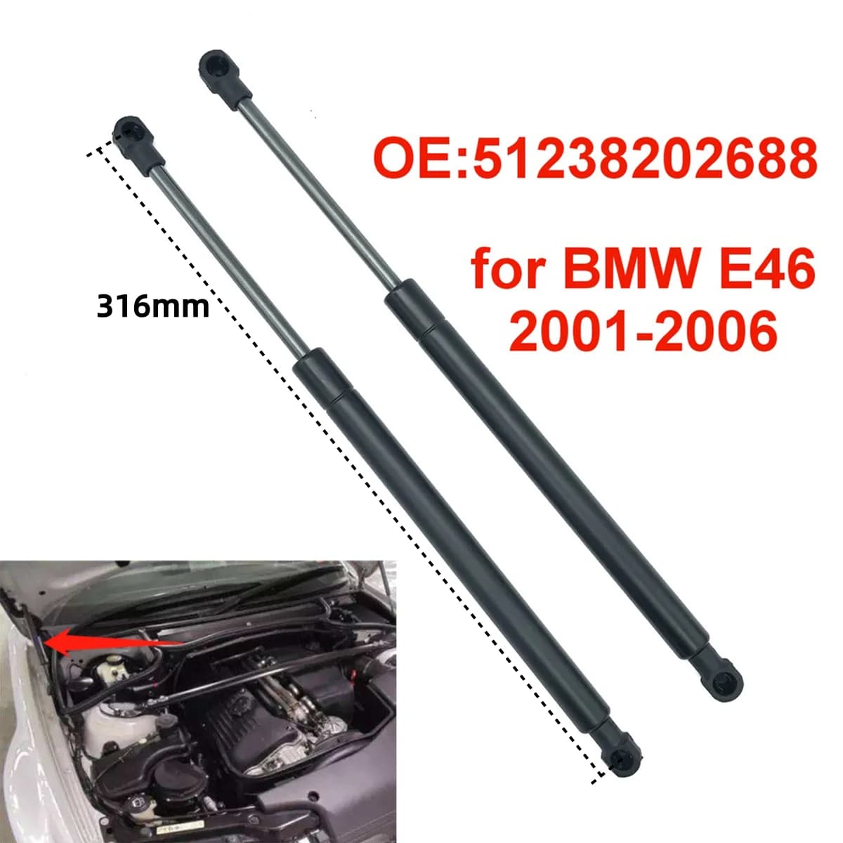 2 pièces 51238202688 Barre de Support de levage de entretoises à gaz de capot de capot de moteur avant de voiture pour BMW série 3 E46 M3 2001-2006