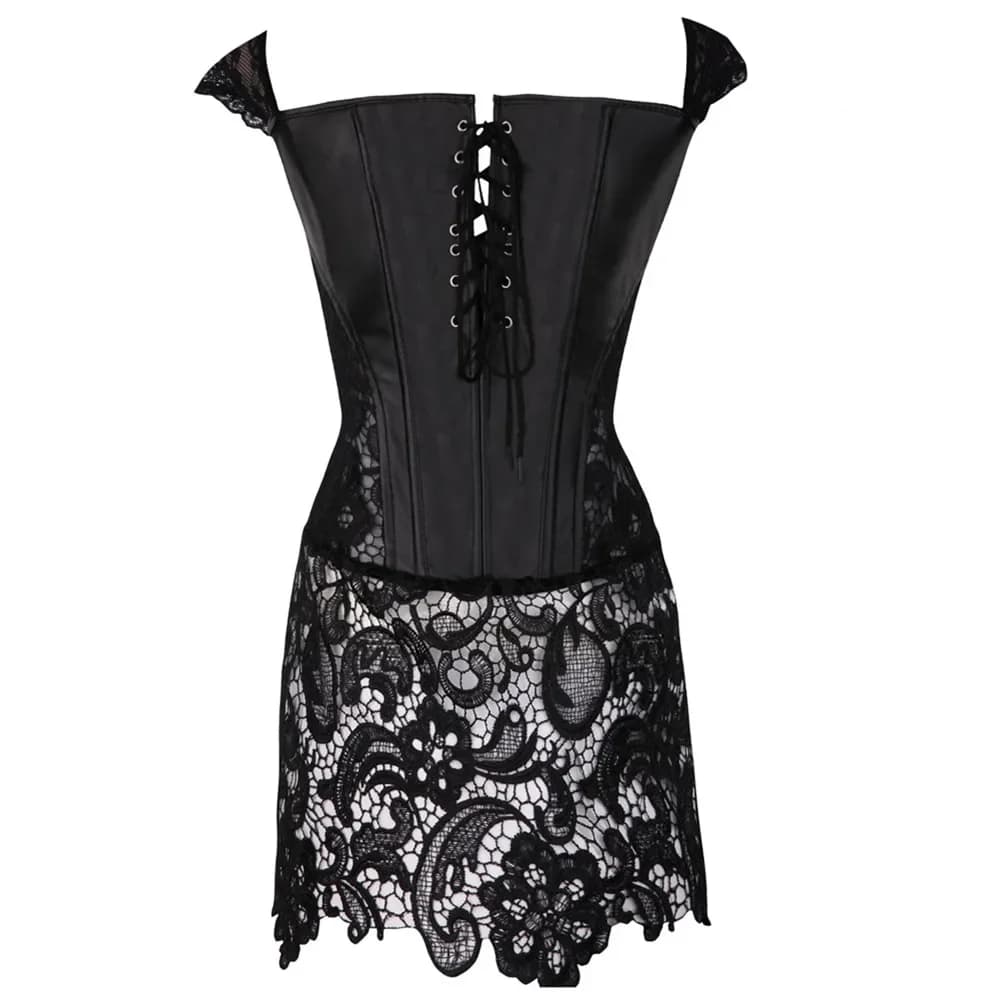 Robe Bustier en Faux Cuir avec Corset Noir, Fermeture Éclair au Dos, Bretelles, Push Up, Overbust, Jupe en Dentelle Steampunk, Lingerie Grande Taille