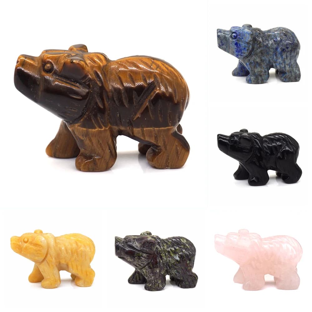 Statue d'ours sculptée à la main en pierre naturelle, figurine animale Reiki, ornement de chambre, cristal de guérison, pierre précieuse, décor de maison et de bureau, 1.5 po