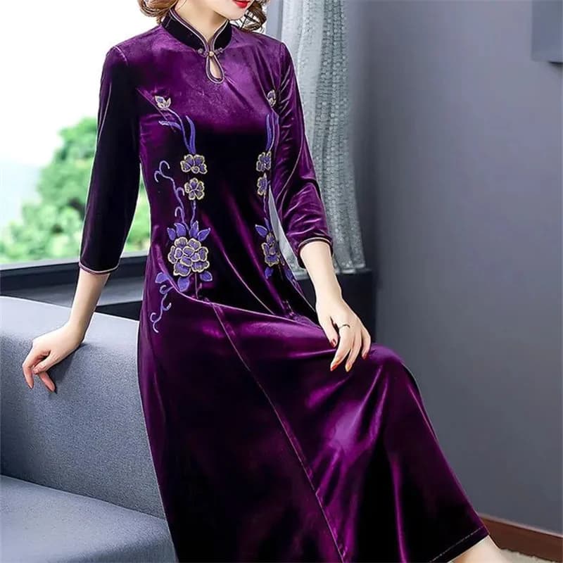 Mrs. Kuo-Robe Cheongsam en velours doré pour femme, coupe At 300 livres, couvrant le ventre, robe chaude, version améliorée, carillon féminin