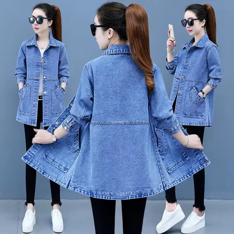 Veste en jean mi-longue pour femme, vestes à manches longues, coupe-vent femme, manteau long en denim, printemps, automne, 472, 5XL