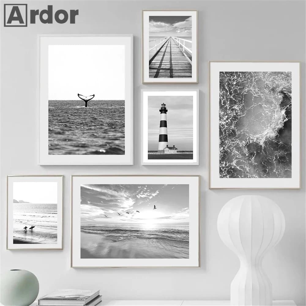 Affiche d'art mural de phare de baleine de plage de mer noir et blanc, toile de paysage imprimée, peinture d'art nordique, images modernes, décoration de maison