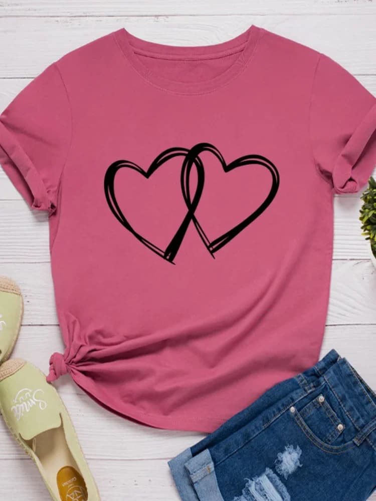 Double coeur imprimé femmes t-shirt à manches courtes col rond femmes t-shirt dames mode t-shirt hauts vêtements Camisetas Mujer