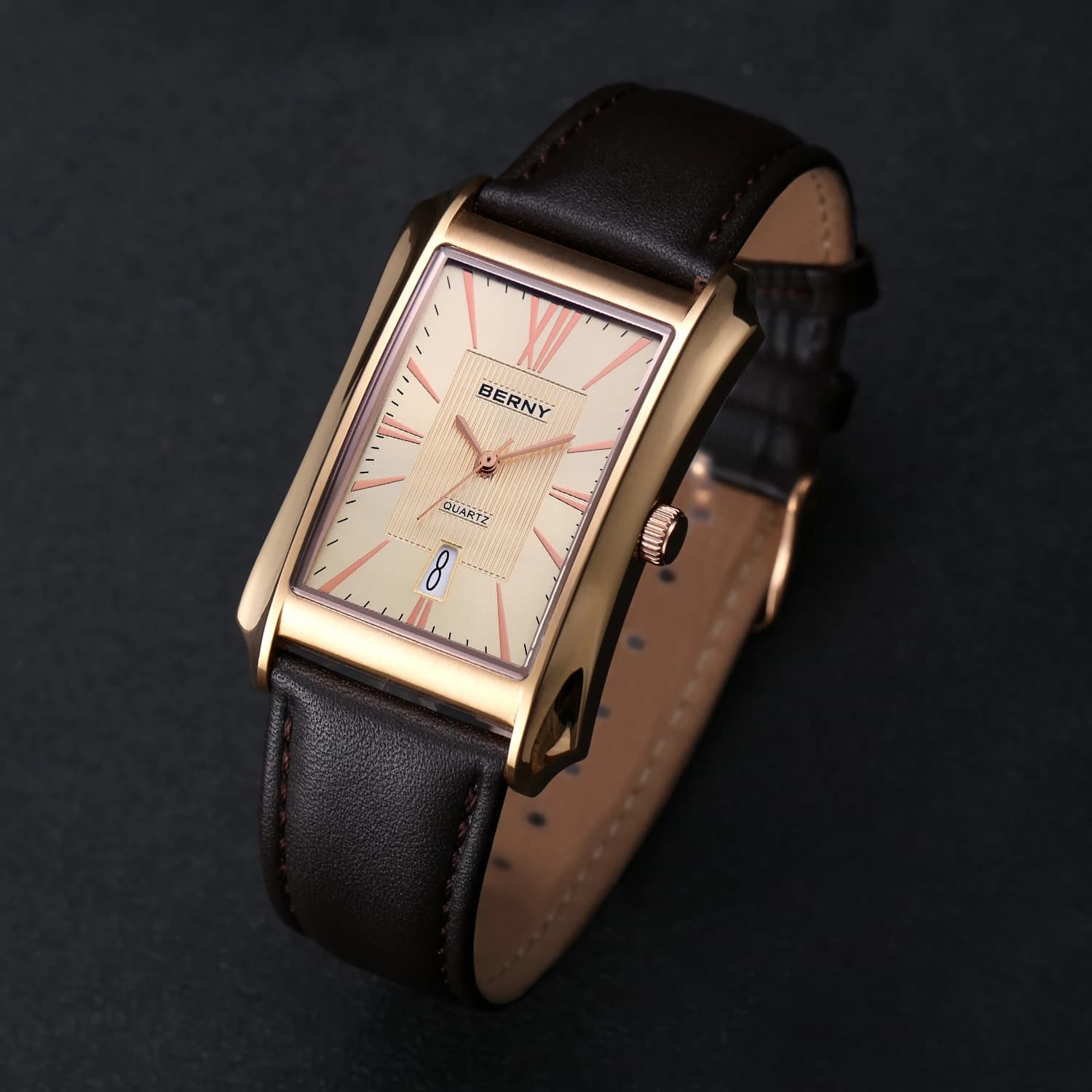 BERNY montre pour hommes Rectangle japon Quartz montre-bracelet étanche affaires rectangulaire robe mâle horloge haut bracelet en cuir véritable