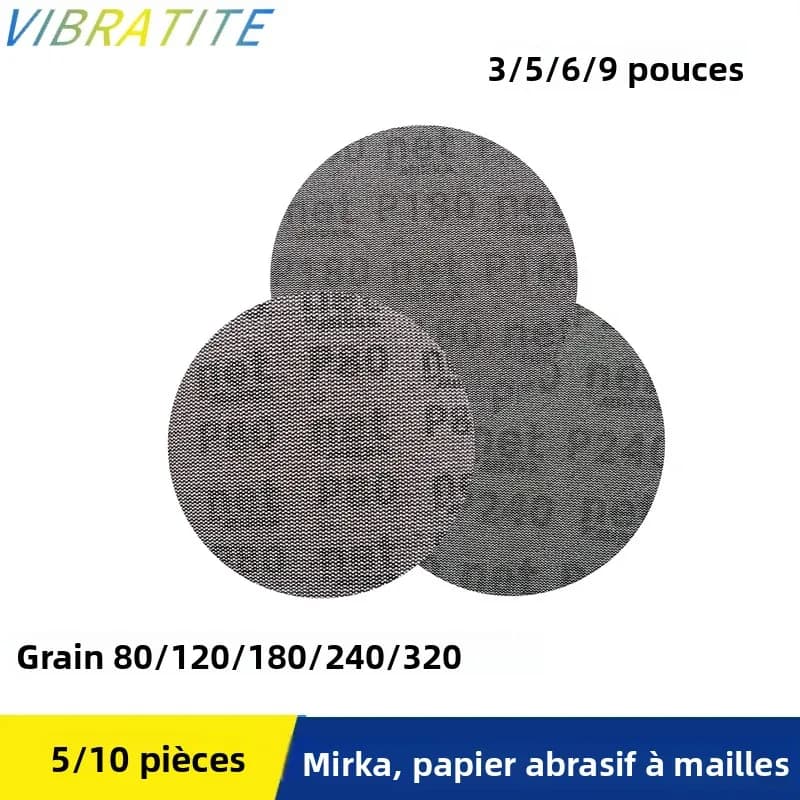 Disques abrasifs en maille sans poussière 3'' 5'' 6'' 9'' à fixation auto-agrippante pour ponçage à sec, papier de verre MIRKA grain 80 à 320 pour polissage