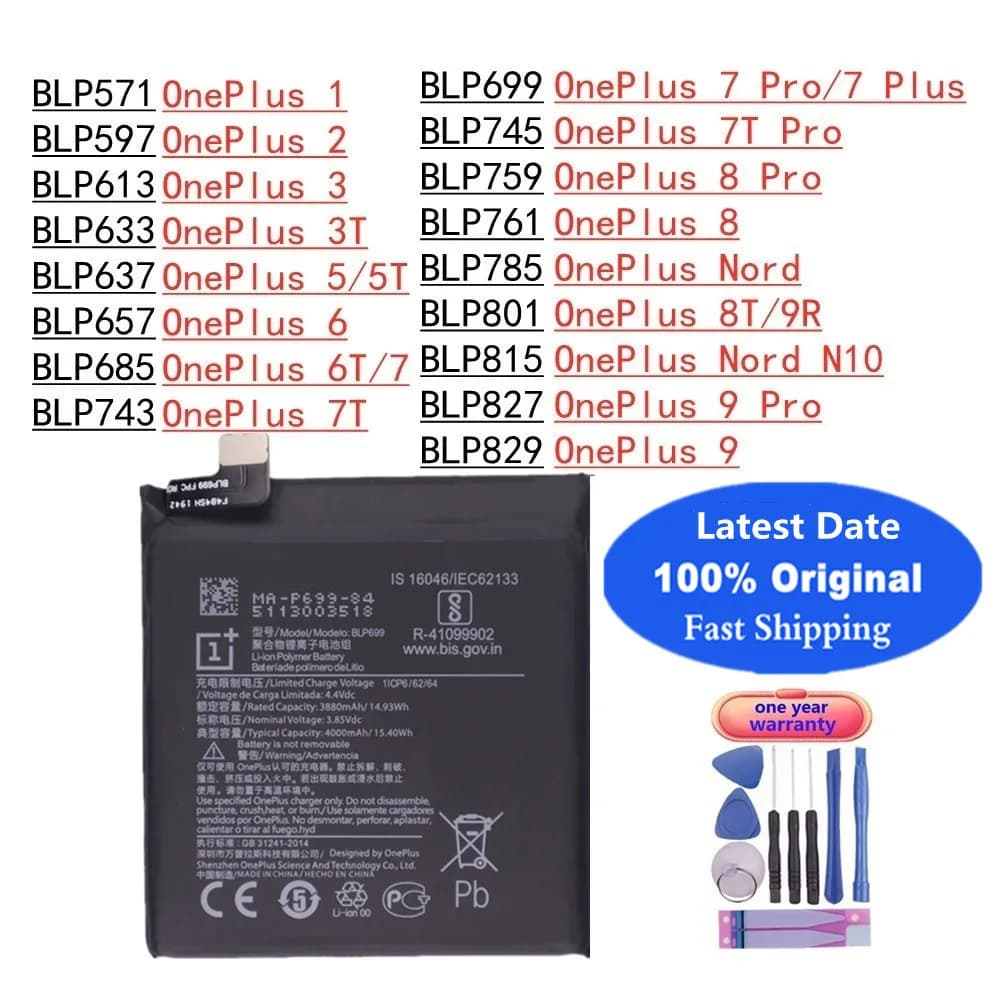Nouvelle batterie d'origine pour OnePlus 1 2 3 3T 5 5T 6 6T 7 Pro Plus 7Pro 7Plus 7T Pro 8 Pro 8 Nord 8T 9R Nord N10 9 Pro