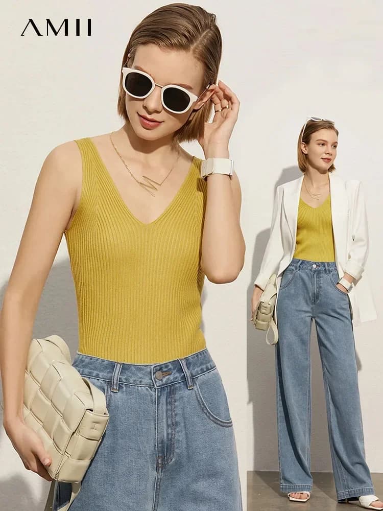 Amii-Camisole minimaliste à col en V pour femmes, Streetwear, Précieux, Sexy, Slim GlaGirls, Monochromatique, Y-Office Lady, Nouveau, Été, 12321058