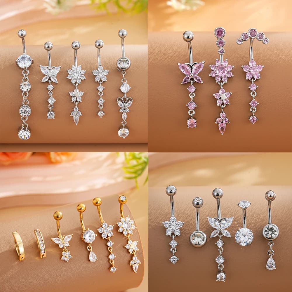 Lot de 3 à 8 pièces de Piercings de Nombril Styles Mixtes, Longs et Courbés, pour Femme, 14G, Motif Papillon