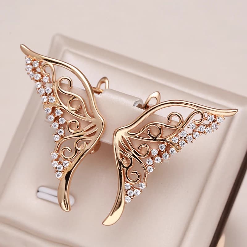 Kinel luxe 585 or Rose femmes boucle d'oreille Bling naturel Zircon éblouissant creux papillon boucle d'oreille bijoux de mariage cadeau